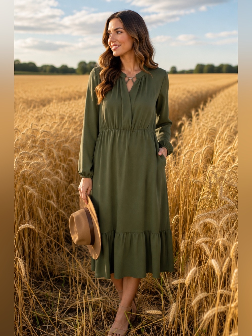 Emma & Michele Olive Green Faux Wrap Midi Dress NWT Long Sleeve Ruffle M